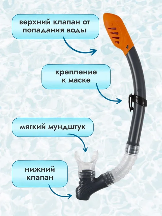 Intex Трубка для плавания снорклинга с клапаном взрослая детская, черный, фото 2