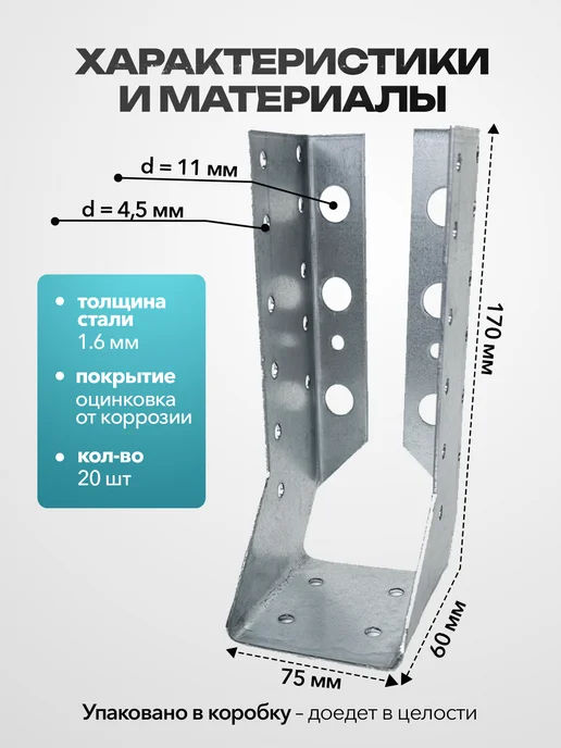 Bilti Опора бруса закрытая 50х100 мм (30 шт.), 75x170 мм, 20 шт, фото 2