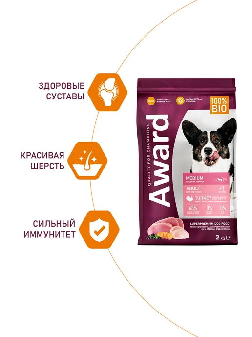 Сухой корм AWARD для собак, индейка, курица, 2 кг, фото 5