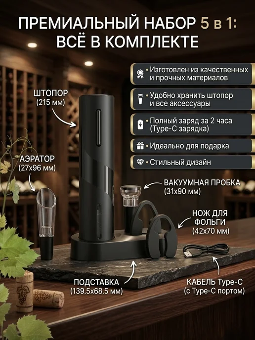 ViRa Well Электрический штопор usb электроштопор, набор для вина 5 в 1, черный, фото 2