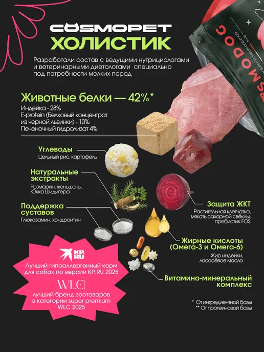 Сухой корм cosmodog для собак, гипоаллергенный, мелкие, индейка, 0,8 кг, фото 2