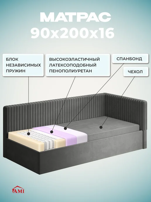 AMI Кровать 90х200 детская односпальная тахта с матрасом мягкая, 90x200, фото 5