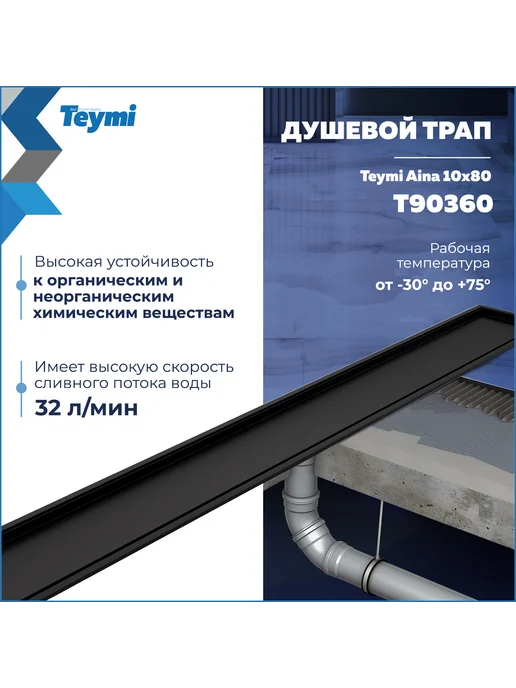 Teymi Трап для душа под плитку Aina 10х80 черный T90360, 10x80, фото 3
