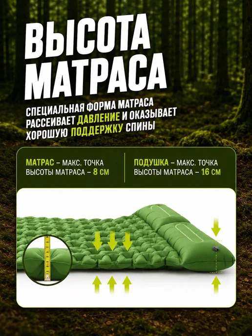 ЕСТЬ ИДЕЯ Коврик туристический матрас со встроенным насосом, зеленый, фото 5