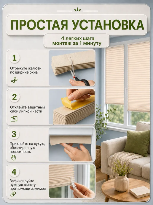 Vivid Decor Жалюзи на окно самоклеящиеся тканевые 50 см, 2 шт, 2 шт, фото 4