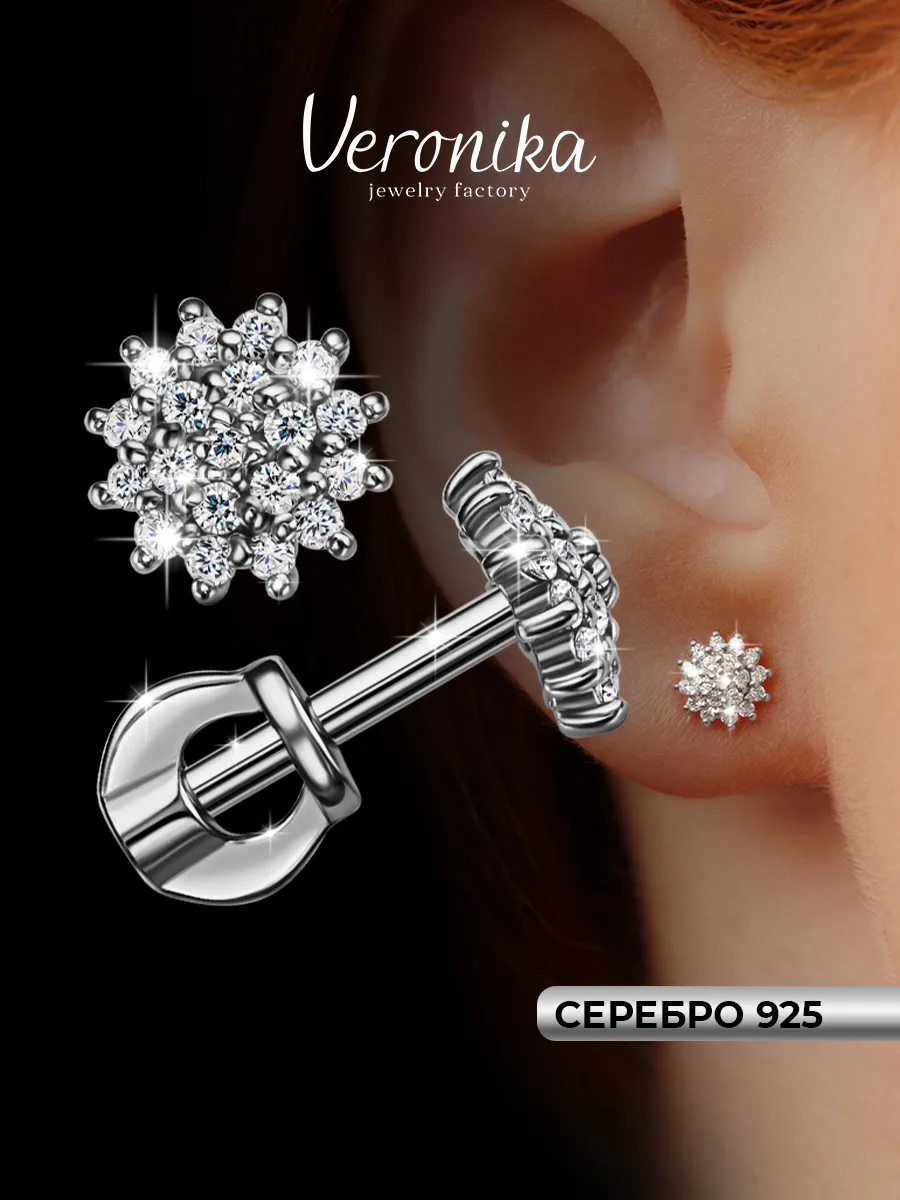 Серьги пусеты серебряные 925 пробы с фианитами