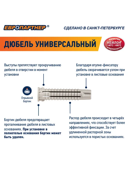 ЕВРОПАРТНЕР Дюбель универсальный 8*40 PDU N нейлоновый 12шт, 8x40, 12 шт, фото 2