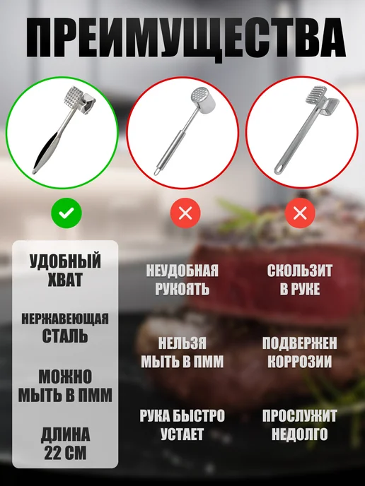 San home Молоток для отбивания мяса металлический двухсторонний, серый, фото 3