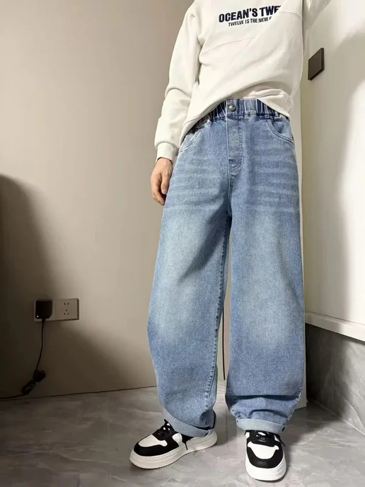 Джинсы baggy широкие подростковые на резинке U2K, голубой, фото 2