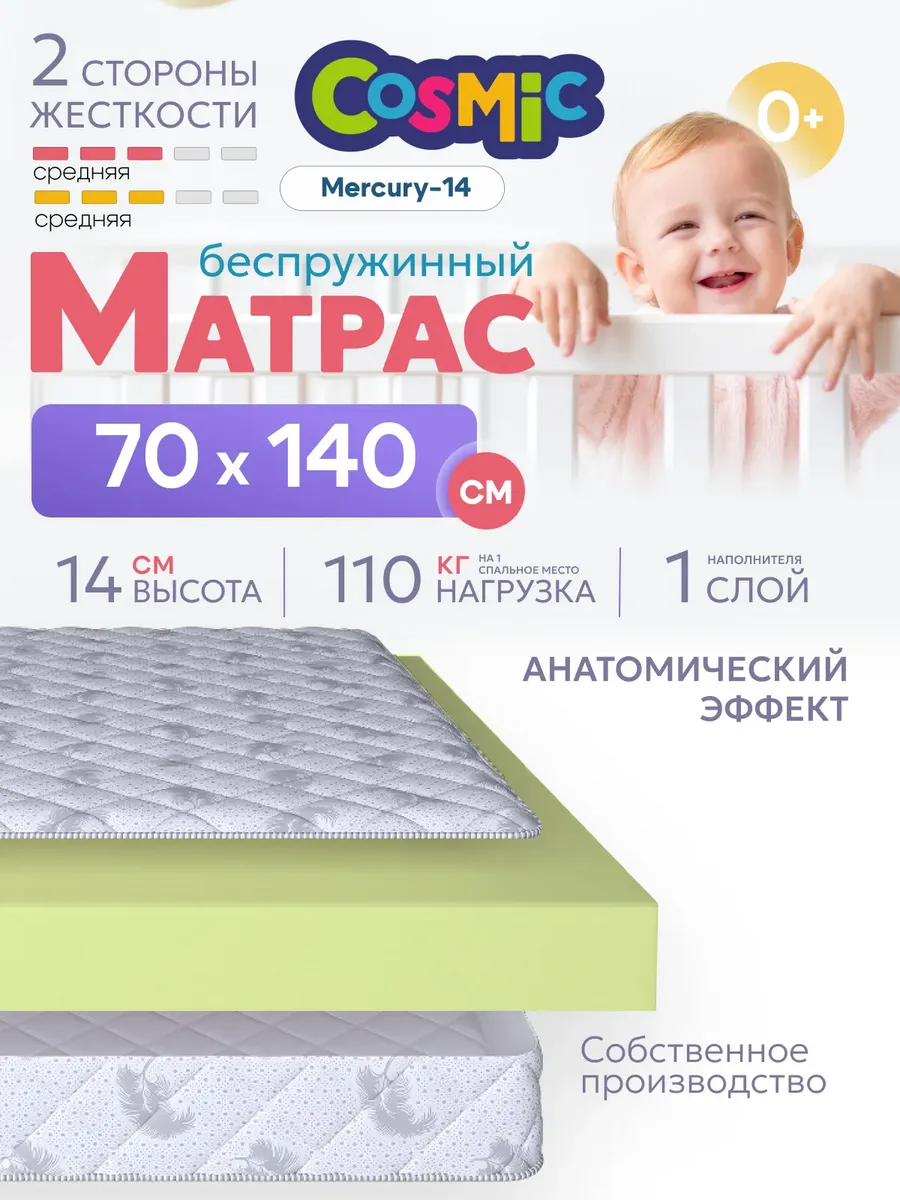 Матрас детский 140х70 беспружинный на кровать 14 см