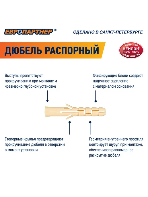 ЕВРОПАРТНЕР Дюбель 6х40 распорный нейлоновый PND 100шт, 6x40, 100 шт, фото 2