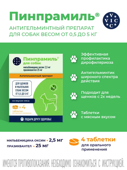 ВИК Пинпрамиль 2,5мг 25мг, для щенков и мелких собак, 4 таб, вариант