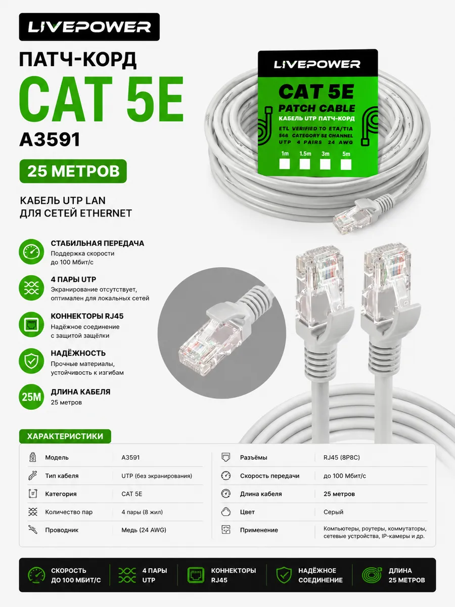 Интернет-кабель коннектор rj45 25 м