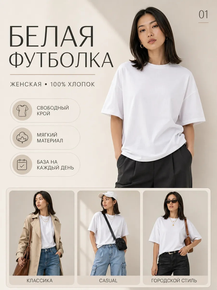 Футболка премиум 100% хлопок, белая, плотная 260 г/м²