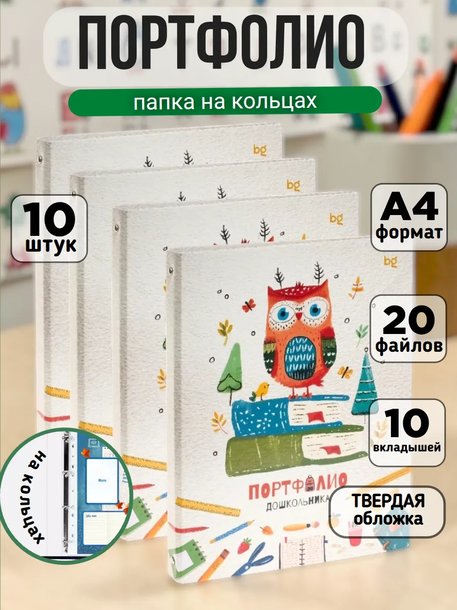 Папка-портфолио А4 на 4 кольцах универсальное,набор 10 штук