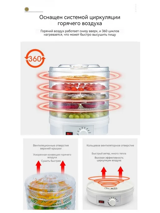 Сушилка для овощей и фруктов Циркуляционный нагрев 360°C, белый, фото 4