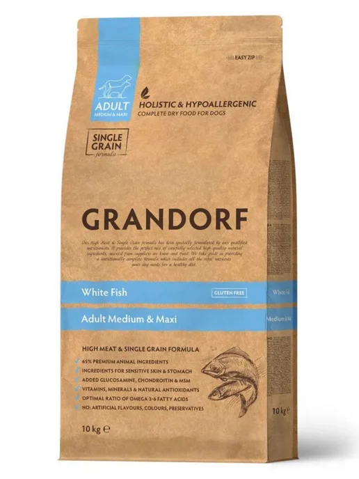 Сухой корм Grandorf' White Белая для собак, крупные, средние, рыба, 10 кг