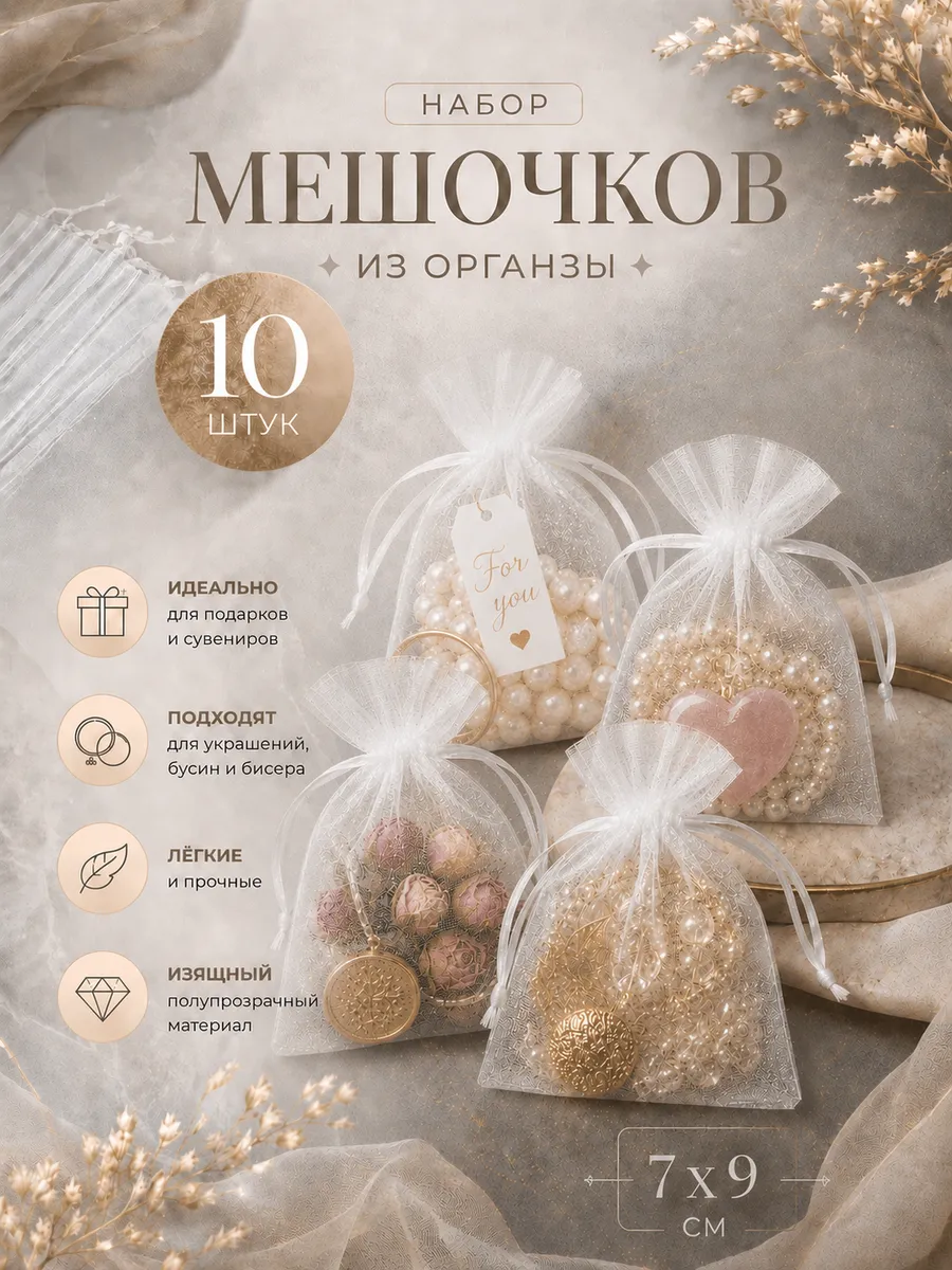 Мешочек из органзы в подарок 7*9 бел 10 шт