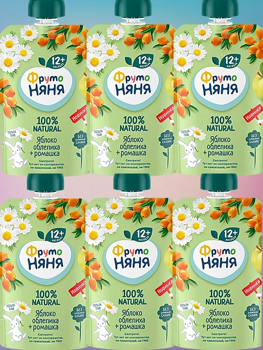 ФрутоНяня Пюре яблоко, облепиха, ромашка, 90г (12 шт), 6 шт