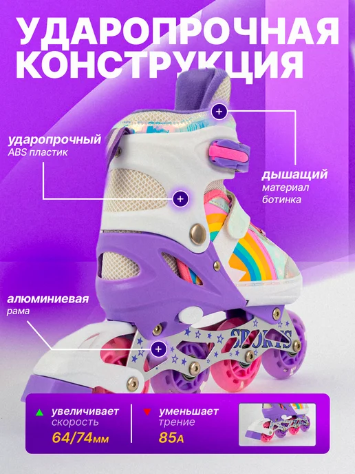 Раздвижные светящиеся ролики для девочек, белый, фото 4