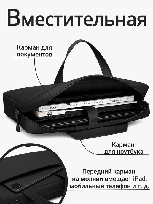 NiNoteam Сумка для ноутбука 14, 15.6, 16 дюймов противоударная, черный, фото 5