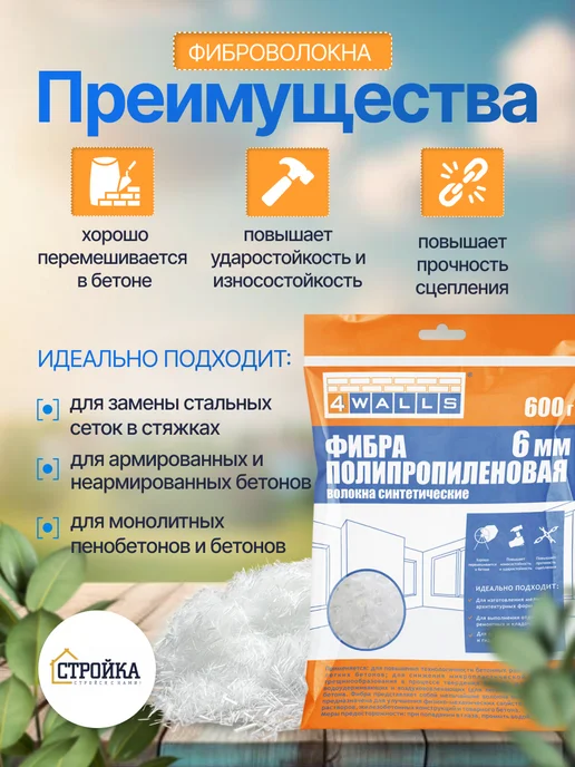 Стройка. Стройся с нами! Фибра для бетона полипропиленовая 6мм, белый, фото 2