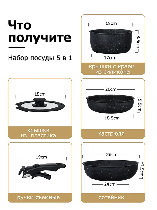 JoyFair Набор кастрюль и сковородок с крышками 5 предметов, черный, фото 2