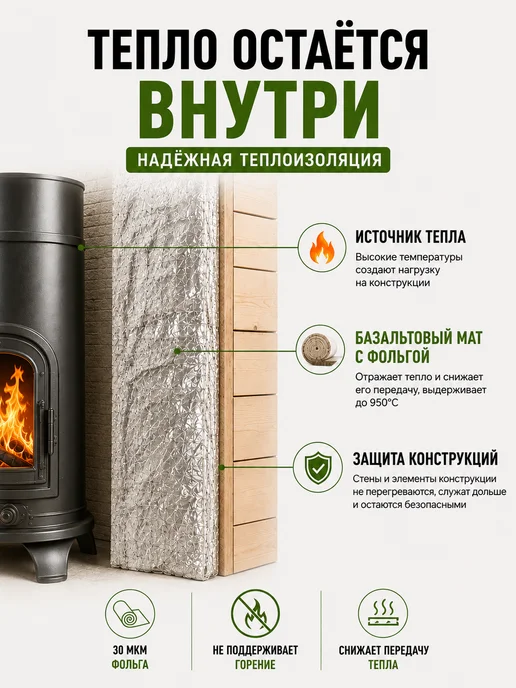 Kamafol Утеплитель негорючий с фольгой мат огнеупорный 1 метр, 1 м, фото 4