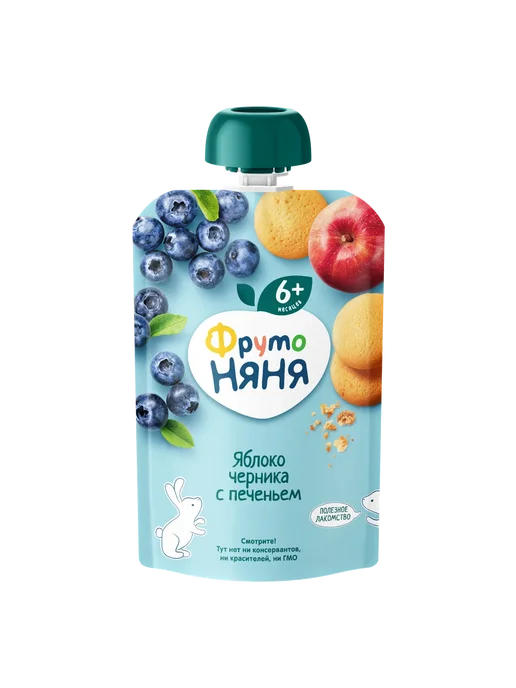 ФрутоНяня Пюре из яблок и черники с печеньем 90 г 3 шт, 6 шт, фото 5