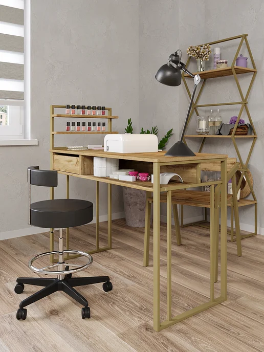 KM LOFT Стол маникюрный с полками и ящиком для мастера, желтый