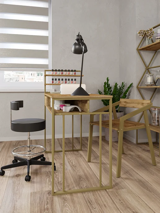KM LOFT Стол маникюрный с полками и ящиком для мастера, желтый, фото 5