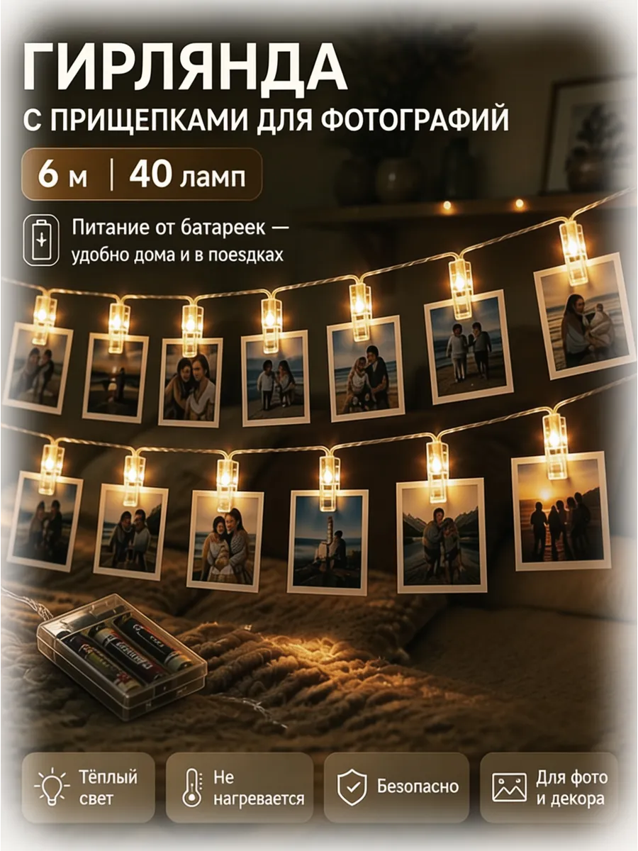 Гирлянда с прищепками 6м 40 ламп Теплый свет на батарейках
