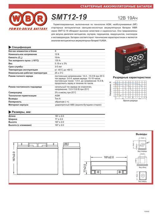 WBR Мото аккумулятор SMT12-19 (12V 19Ah 130A), вариант, фото 2