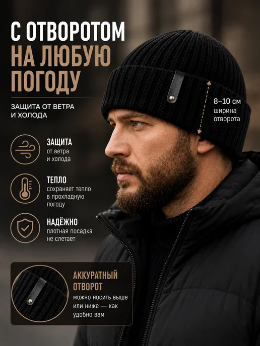 Бокка Зимняя Шапка мужская вязаная демисезонная бини, черный, фото 7