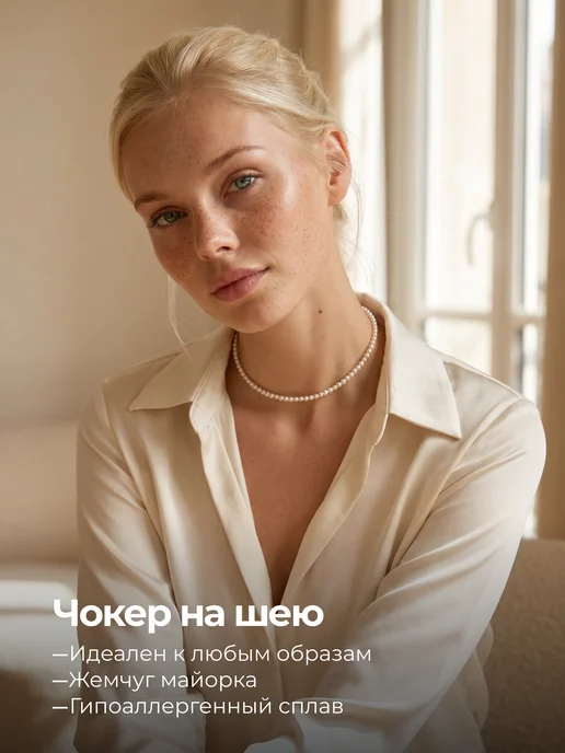 LUXE & JEWELRY Чокер из жемчуга майорка на шею бижутерия в подарок, белый, фото 2