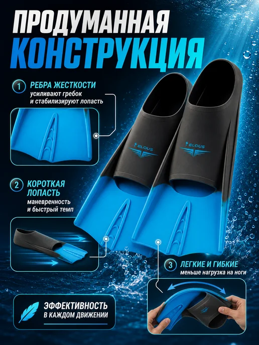 Elous Ласты для бассейна короткие тренировочные для плавания, голубой, фото 7