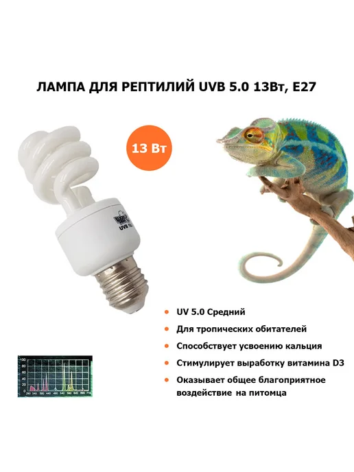 Lucky Herp Лампа для рептилий UVB 5.0 13 Вт, для террариумов, 13 Вт, фото 2