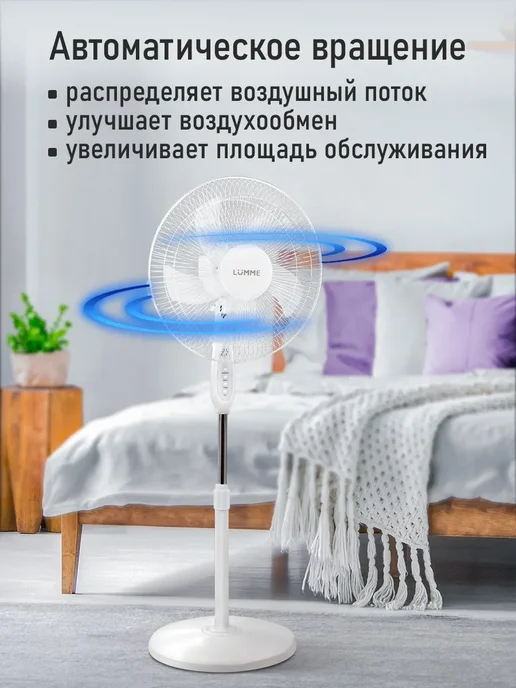 LUMME Вентилятор напольный для дома с пультом и таймером, 40 см, белый, фото 3