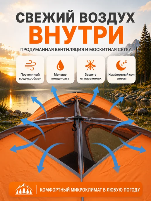 Палатка туристическая 3-местная, оранжевый, фото 3