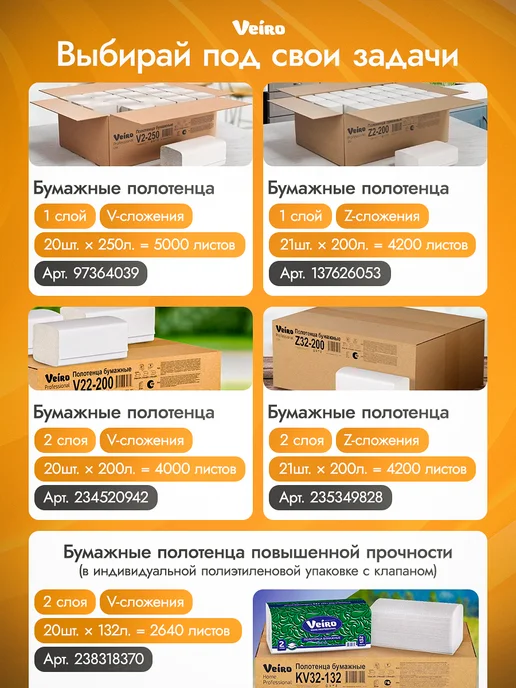 Veiro Бумажные полотенца для диспенсера, V сложение, 20шт, 8 шт, фото 8