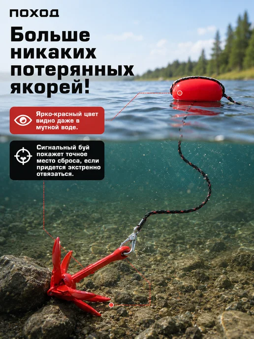 поход Якорь для лодки ПВХ 4 кг с веревкой 15 метров и буйком, 4 кг, 15 м, фото 5