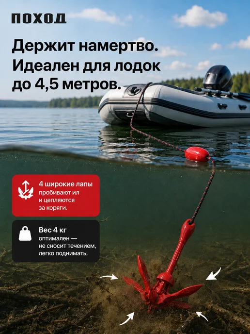 поход Якорь для лодки ПВХ 4 кг с веревкой 15 метров и буйком, 4 кг, 15 м, фото 6