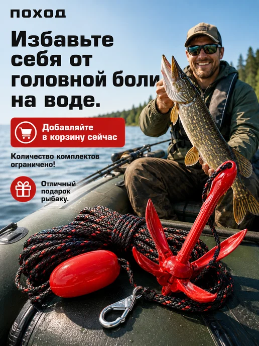 поход Якорь для лодки ПВХ 4 кг с веревкой 15 метров и буйком, 4 кг, 15 м, фото 7