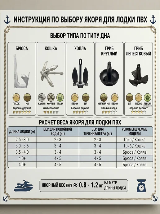 поход Якорь для лодки ПВХ 4 кг с веревкой 15 метров и буйком, 1,5 кг, фото 8