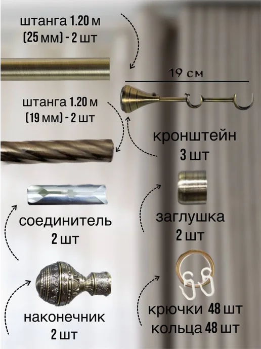 Карниз для штор настенный двухрядный 240 антик Бронза, желтый, фото 2