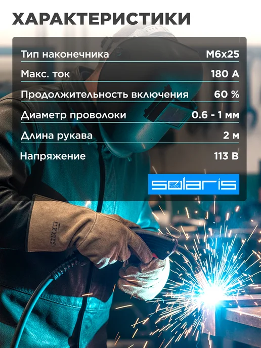 SOLARIS Горелка сварочная для полуавтомата F180 2м 180А FLUX, 2 м, фото 3