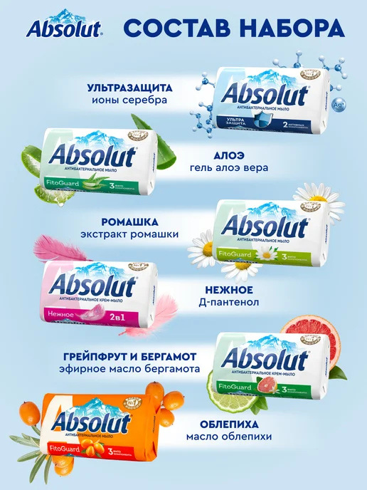 Absolut Мыло антибактериальное туалетное твердое микс №2 6х90 гр, №1, фото 3