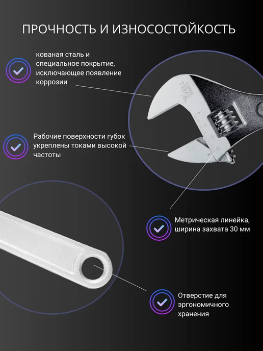 Vell Ключ разводной сантехнический 250 мм, 30 мм (V90316) 1 шт, 1 шт, фото 2
