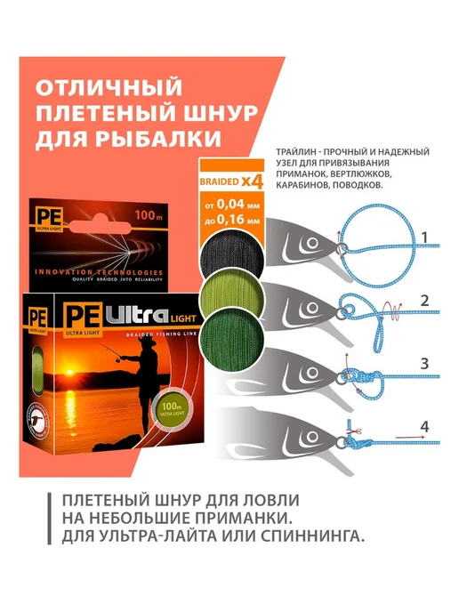 Aqua Плетенка для рыбалки PE ULTRA LIGHT Olive 0,08мм 100м, 100 м, фото 2