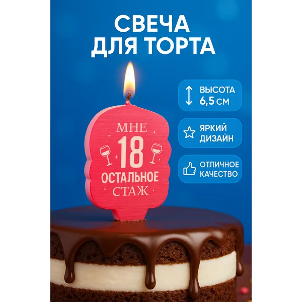 Свеча на торт "Мне 18 остальное стаж" 6,5 см